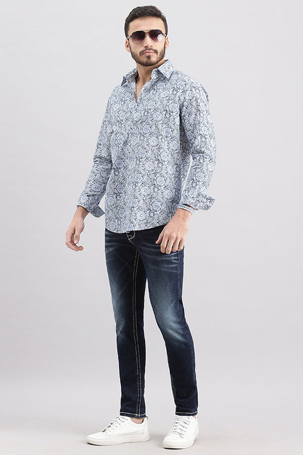 Blue Full Sleeve Printed Shirt (Zack F/Slv Fit)