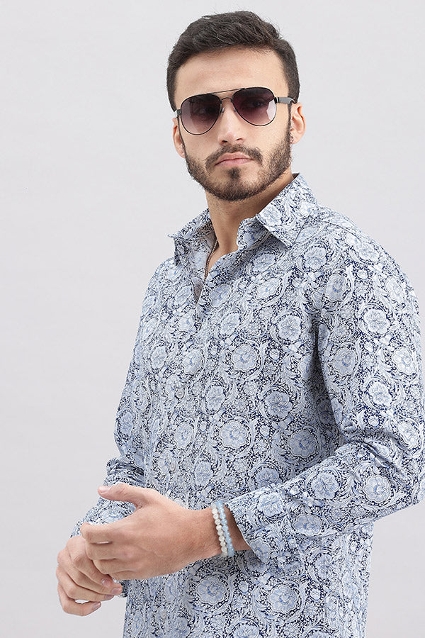 Blue Full Sleeve Printed Shirt (Zack F/Slv Fit)