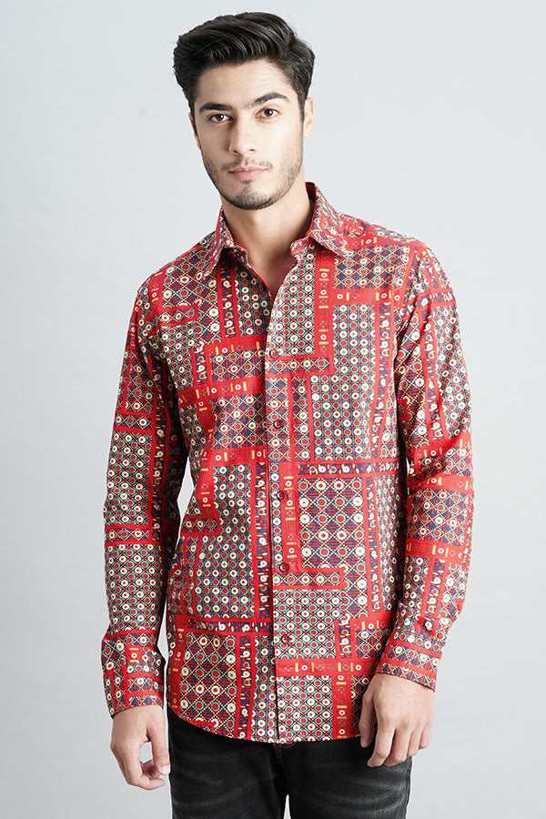 Red Full Sleeve Printed Shirt (Zack F/Slv Fit)