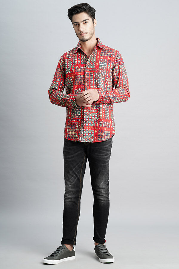 Red Full Sleeve Printed Shirt (Zack F/Slv Fit)