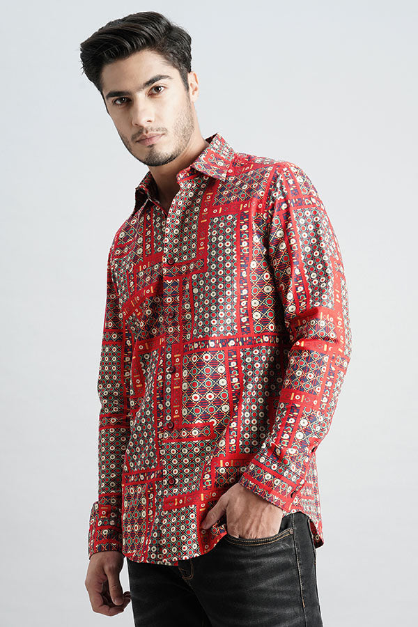 Red Full Sleeve Printed Shirt (Zack F/Slv Fit)