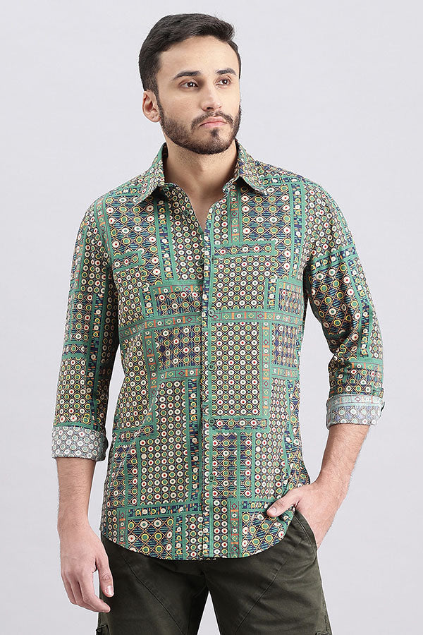 Green Full Sleeve Printed Shirt (Zack F/Slv Fit)