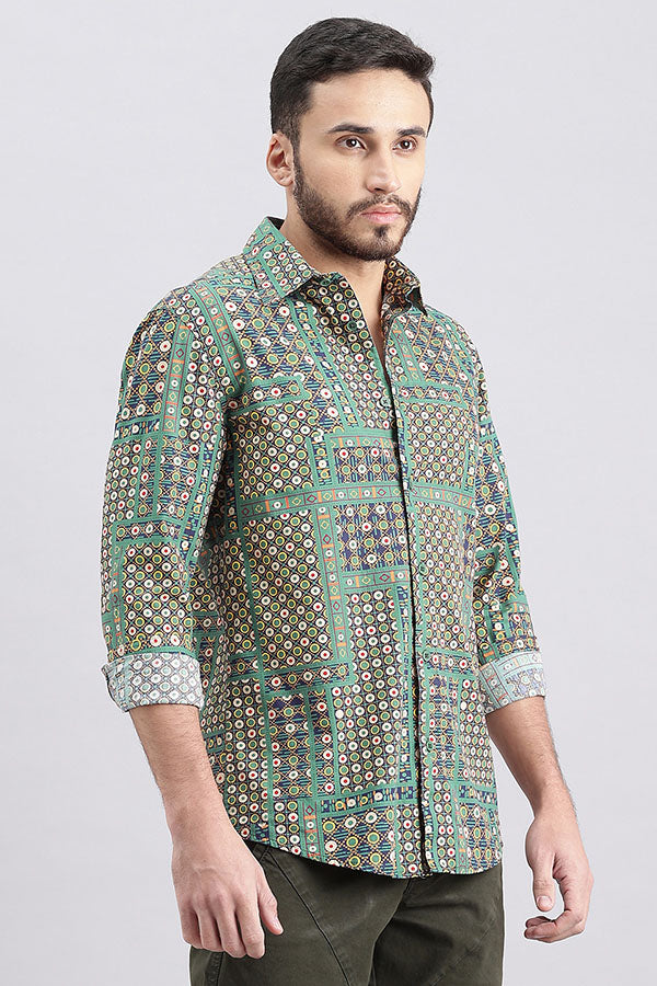 Green Full Sleeve Printed Shirt (Zack F/Slv Fit)