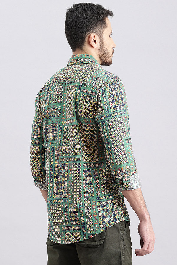 Green Full Sleeve Printed Shirt (Zack F/Slv Fit)