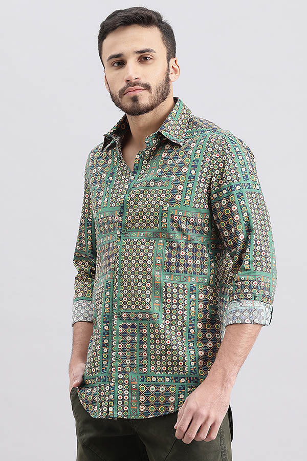 Green Full Sleeve Printed Shirt (Zack F/Slv Fit)