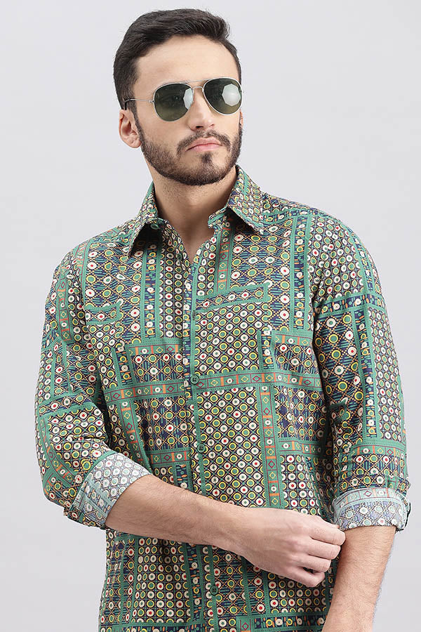 Green Full Sleeve Printed Shirt (Zack F/Slv Fit)