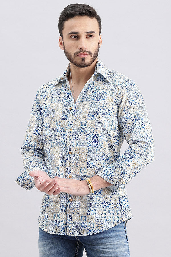 White Blue Full Sleeve Printed Shirt (Zack F/Slv Fit)