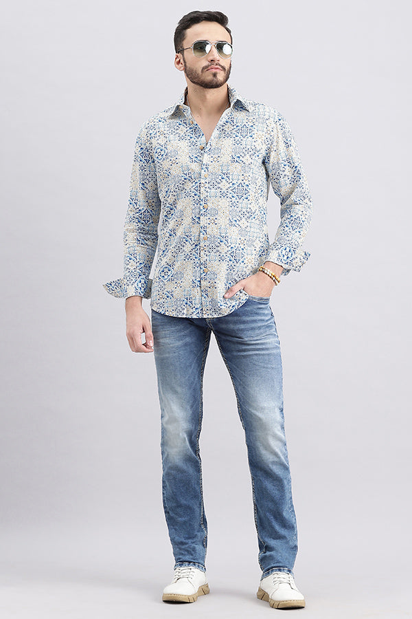 White Blue Full Sleeve Printed Shirt (Zack F/Slv Fit)