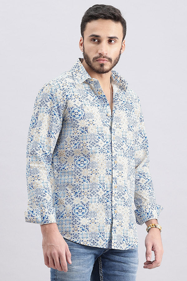 White Blue Full Sleeve Printed Shirt (Zack F/Slv Fit)