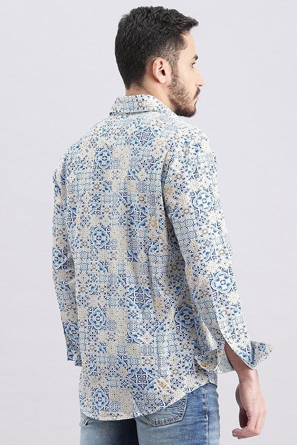 White Blue Full Sleeve Printed Shirt (Zack F/Slv Fit)