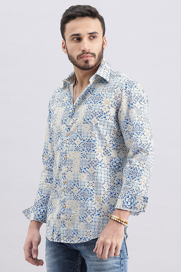 White Blue Full Sleeve Printed Shirt (Zack F/Slv Fit)