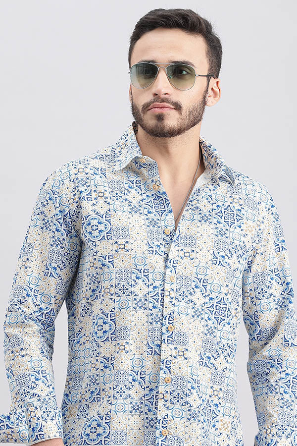 White Blue Full Sleeve Printed Shirt (Zack F/Slv Fit)