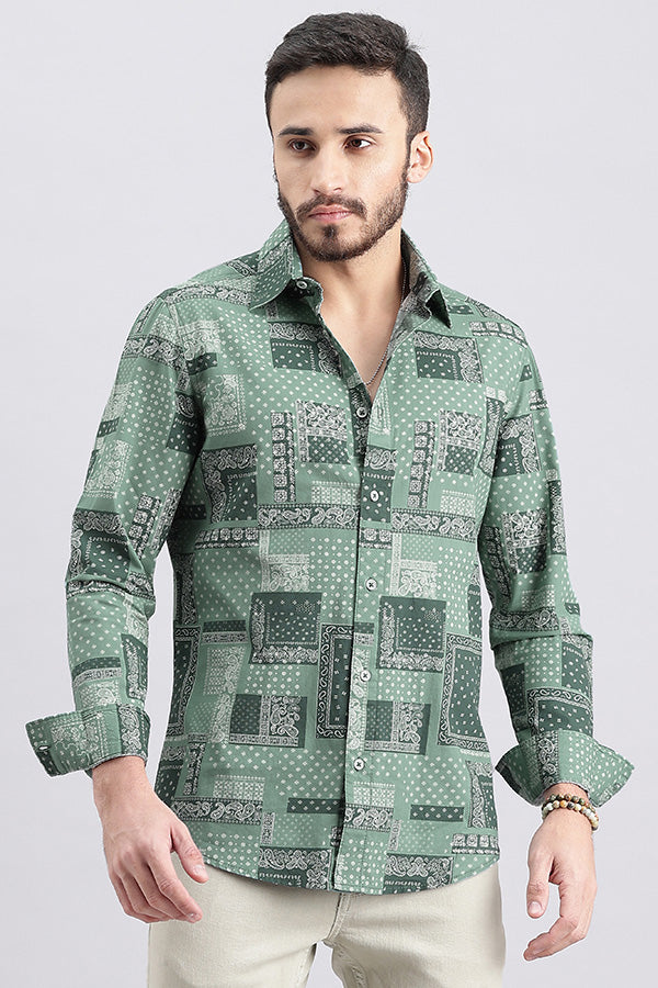 Green Full Sleeve Printed Shirt (Zack F/Slv Fit)