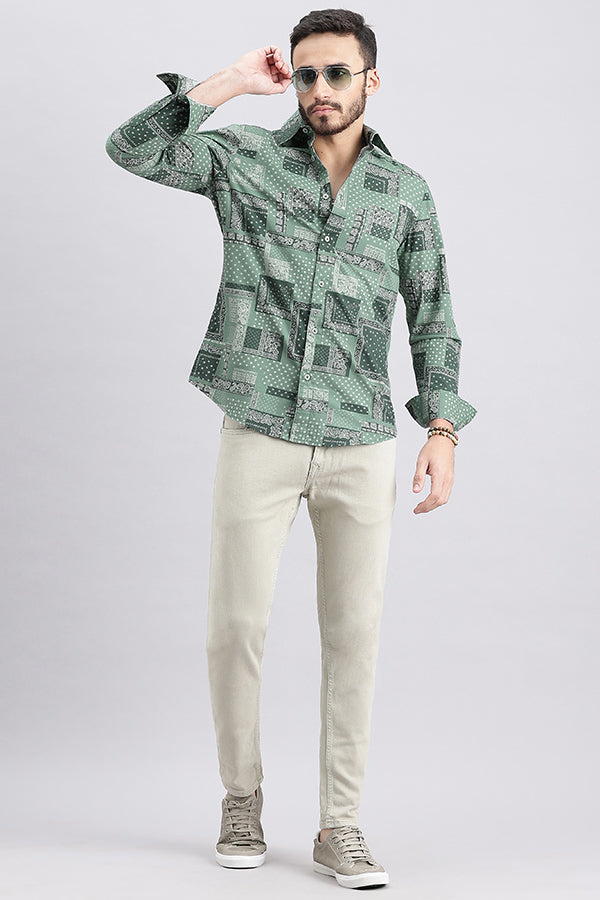 Green Full Sleeve Printed Shirt (Zack F/Slv Fit)