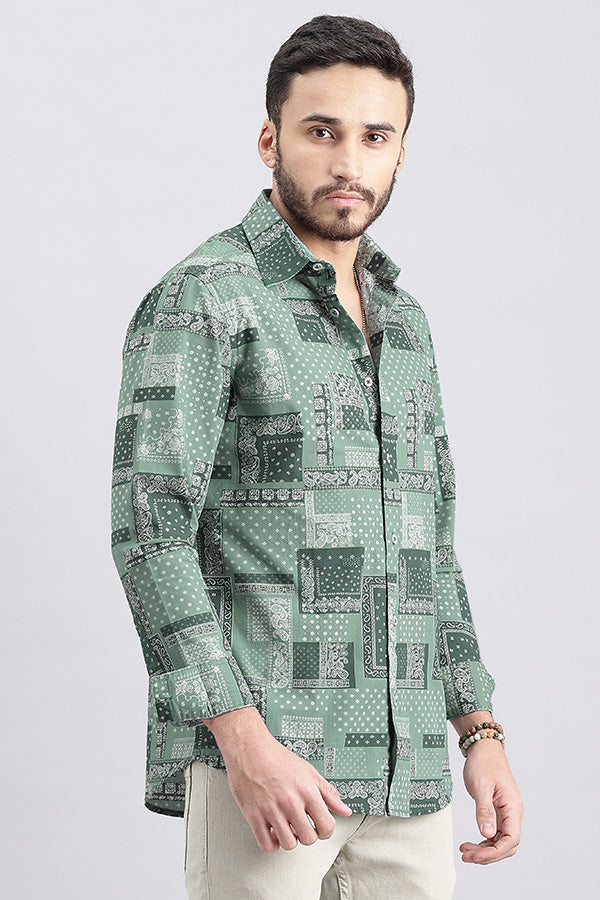 Green Full Sleeve Printed Shirt (Zack F/Slv Fit)