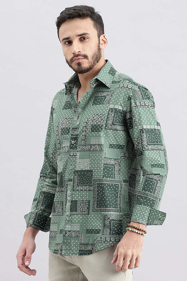 Green Full Sleeve Printed Shirt (Zack F/Slv Fit)