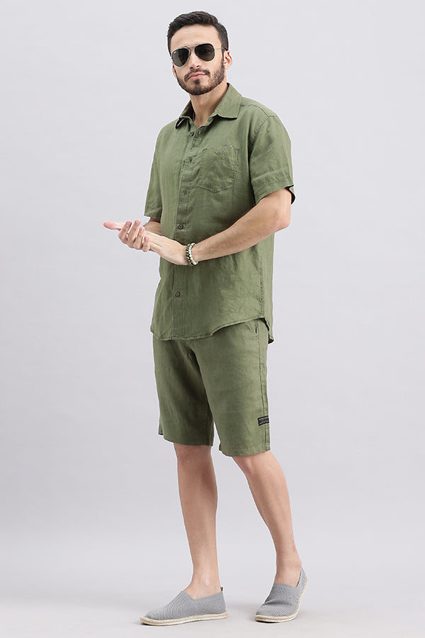 Olive Half Sleeve Linen Shirt (Zack H/Slv Fit)