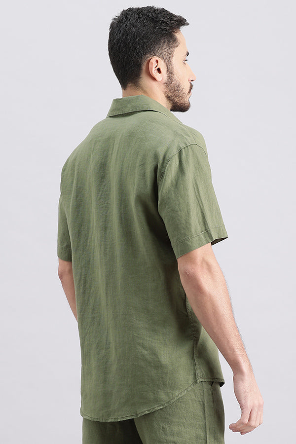 Olive Half Sleeve Linen Shirt (Zack H/Slv Fit)