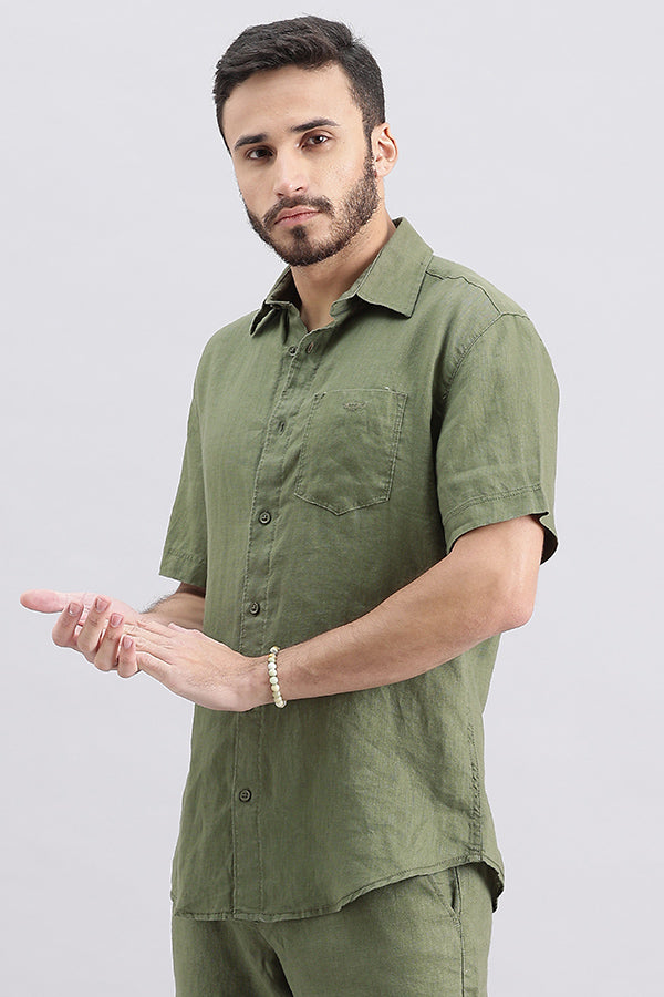 Olive Half Sleeve Linen Shirt (Zack H/Slv Fit)