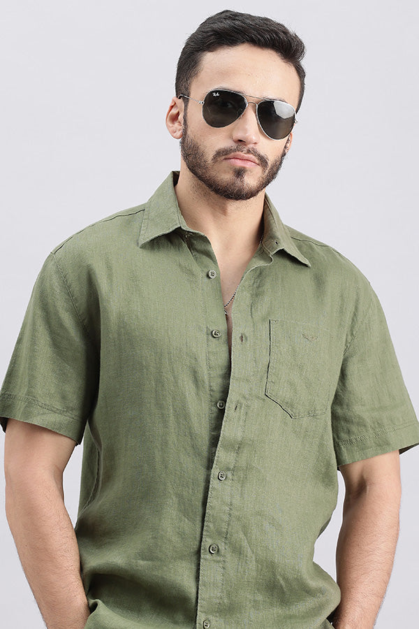 Olive Half Sleeve Linen Shirt (Zack H/Slv Fit)