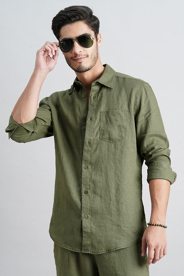 Olive Full Sleeve Linen Shirt (Zack F/Slv Fit)