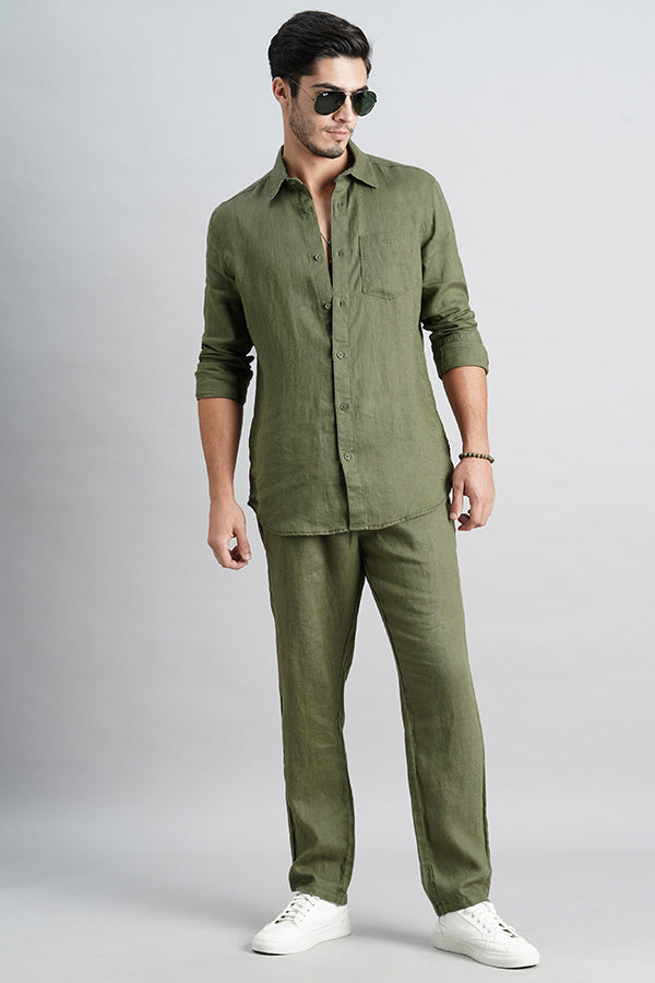 Olive Full Sleeve Linen Shirt (Zack F/Slv Fit)