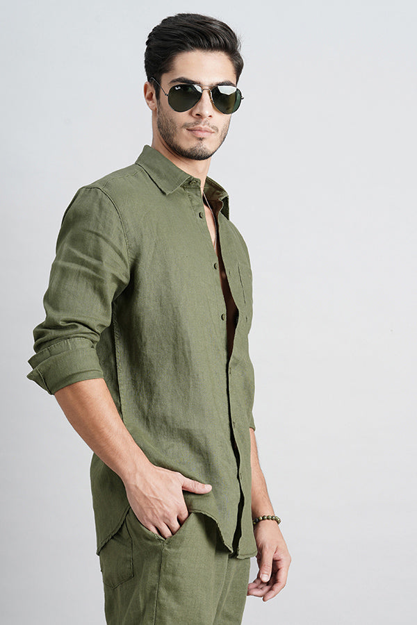 Olive Full Sleeve Linen Shirt (Zack F/Slv Fit)