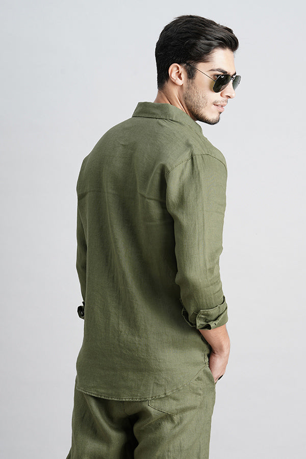 Olive Full Sleeve Linen Shirt (Zack F/Slv Fit)