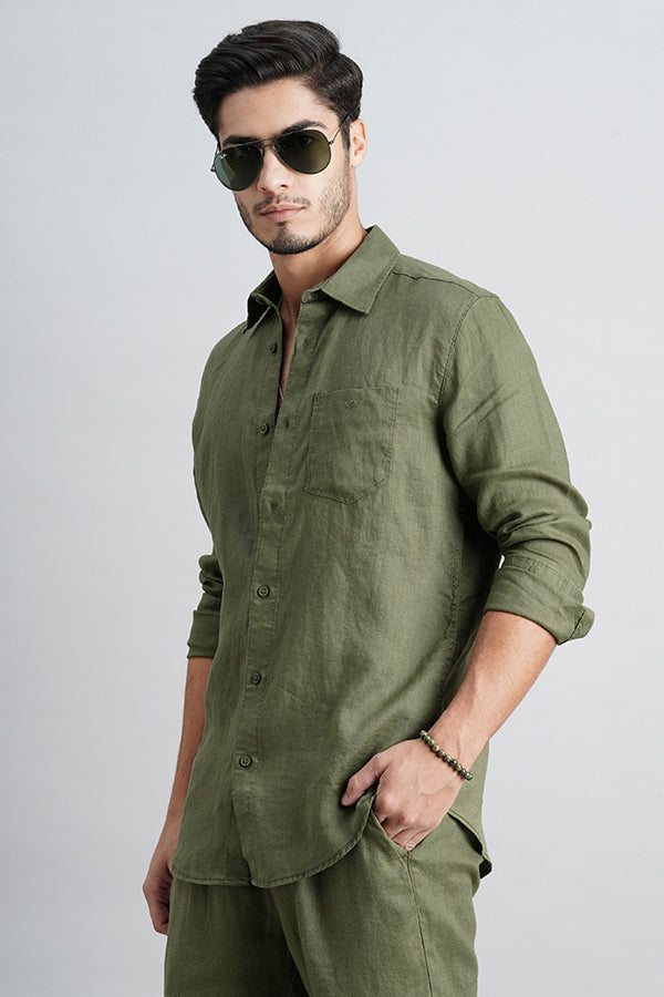 Olive Full Sleeve Linen Shirt (Zack F/Slv Fit)