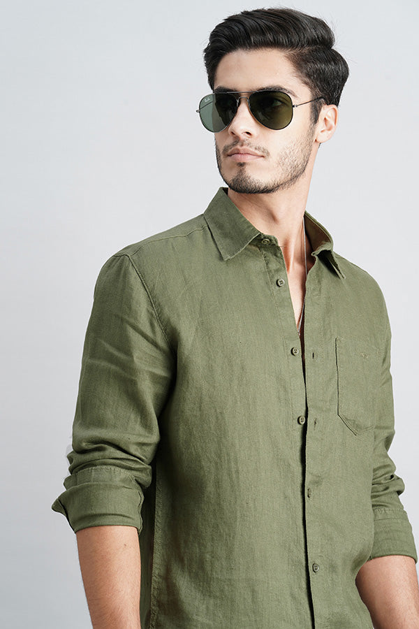 Olive Full Sleeve Linen Shirt (Zack F/Slv Fit)