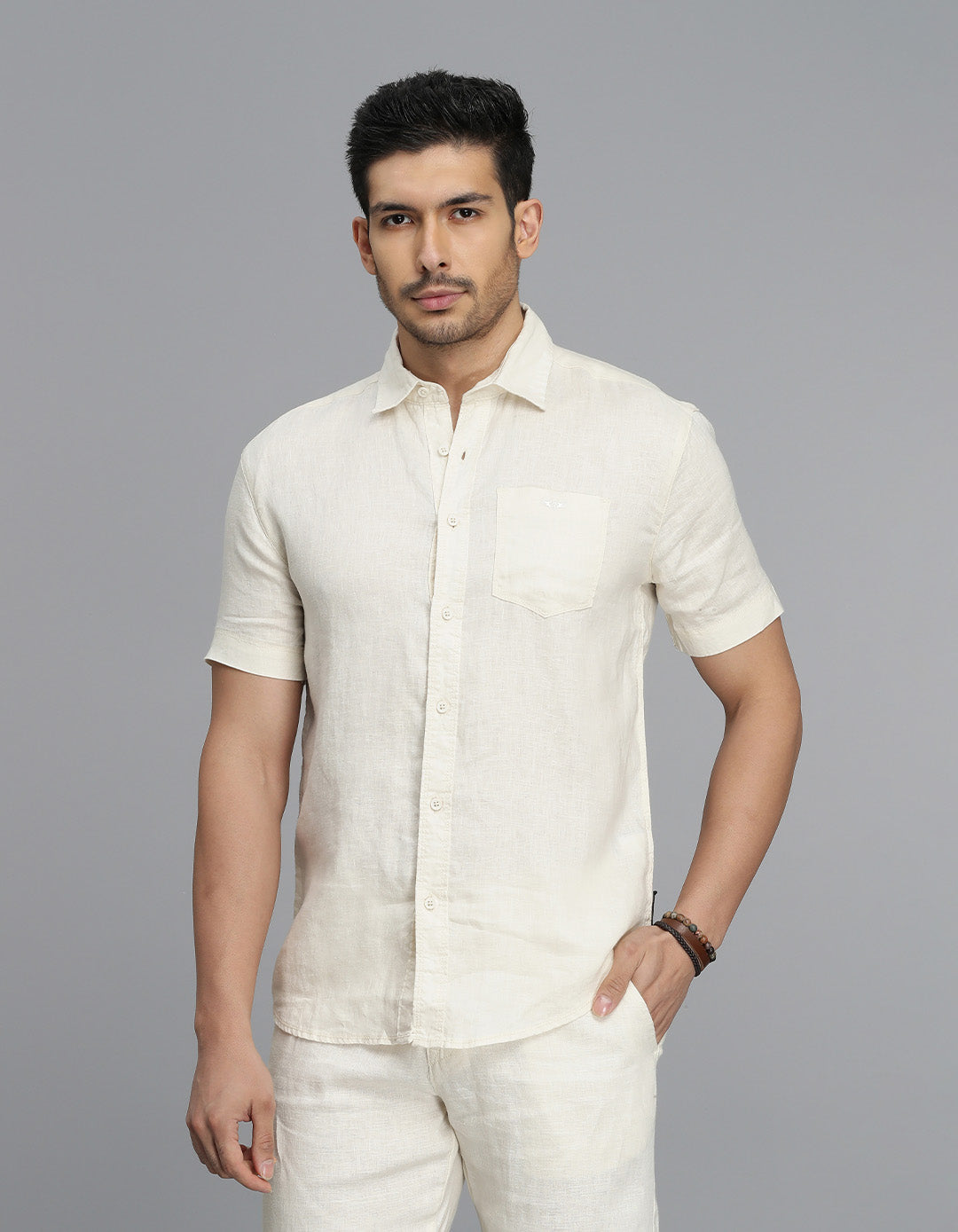 Beige Half Sleeves 100% Linen Shirt