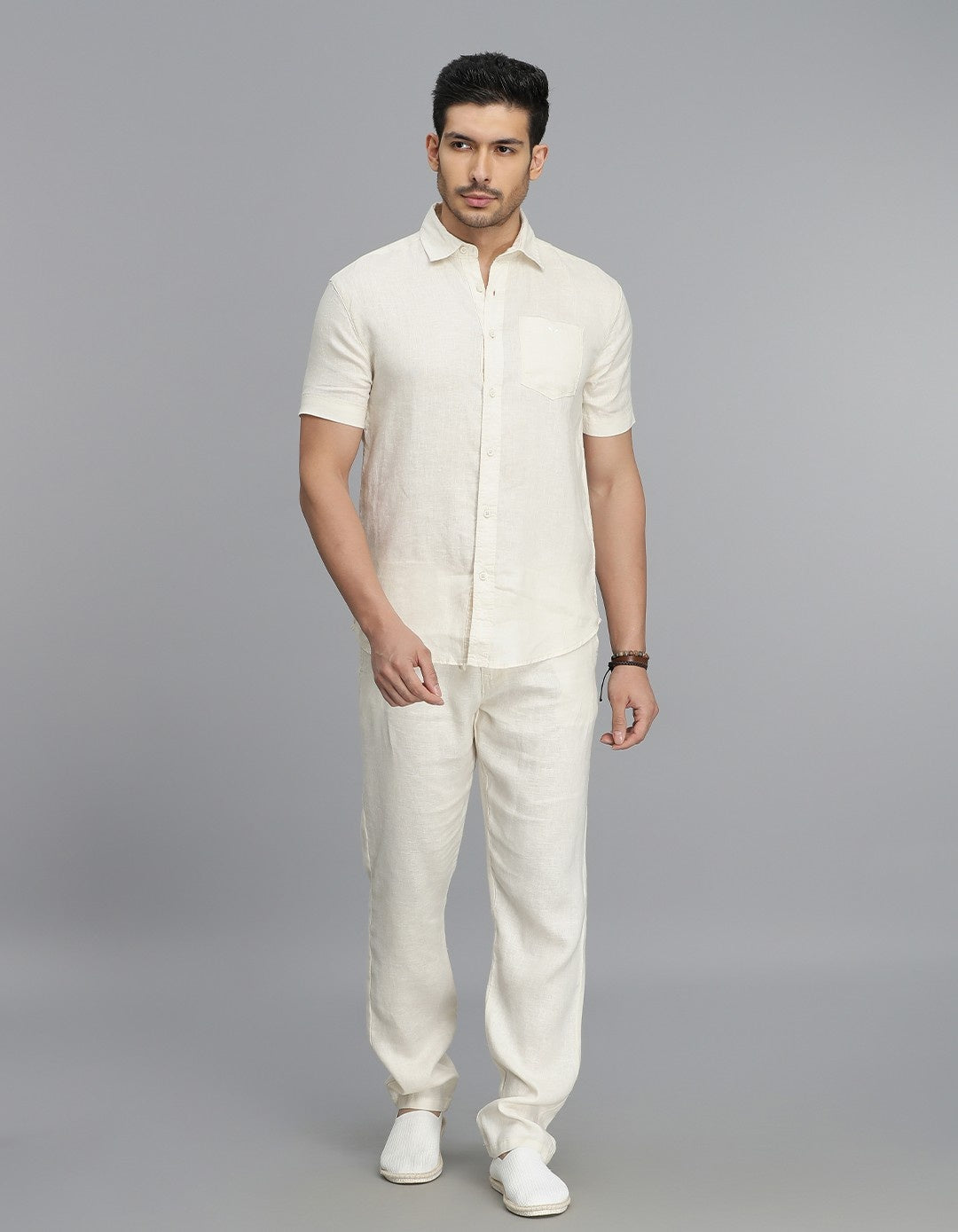 Beige Half Sleeves 100% Linen Shirt