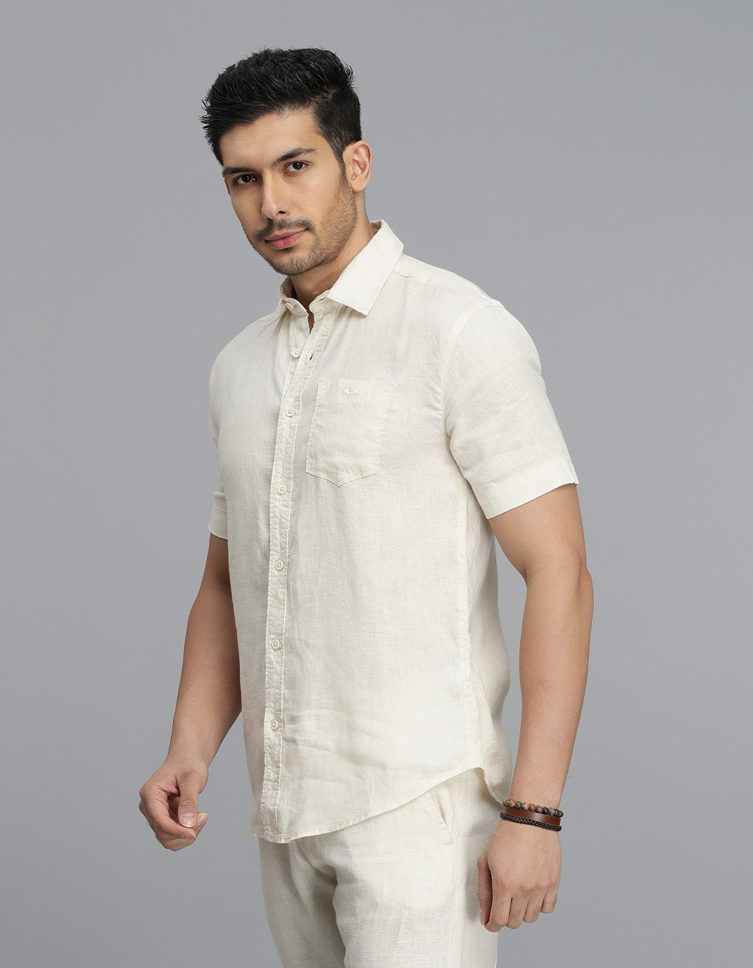 Beige Half Sleeves 100% Linen Shirt
