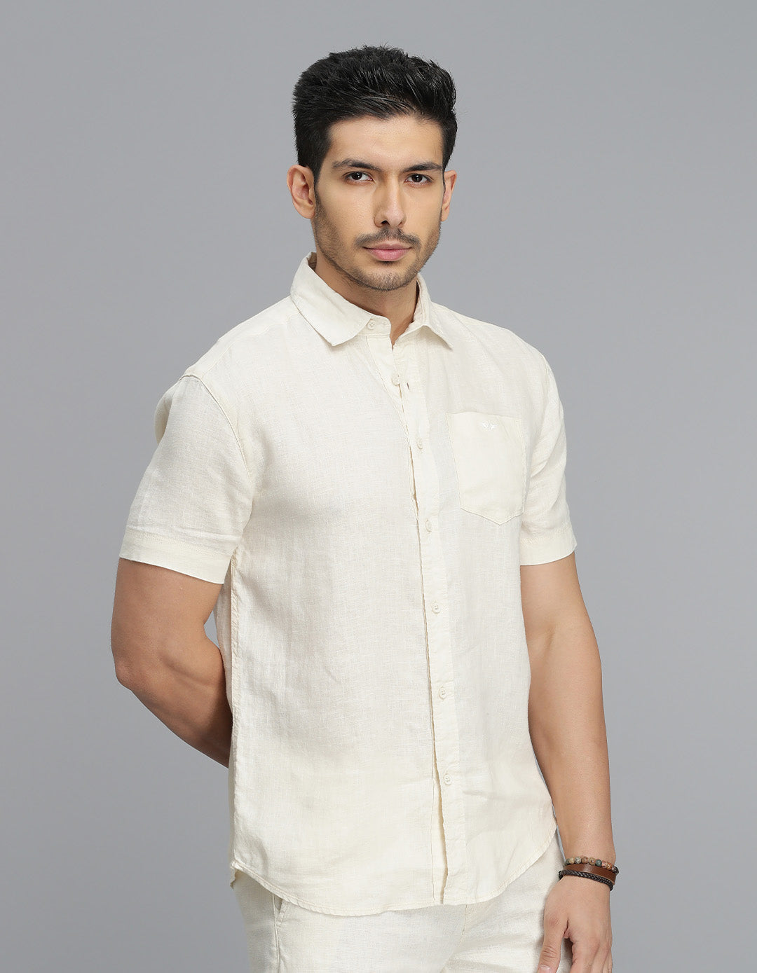 Beige Half Sleeves 100% Linen Shirt