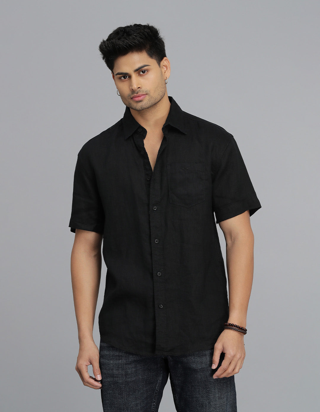 Black Half Sleeves Linen Shirt