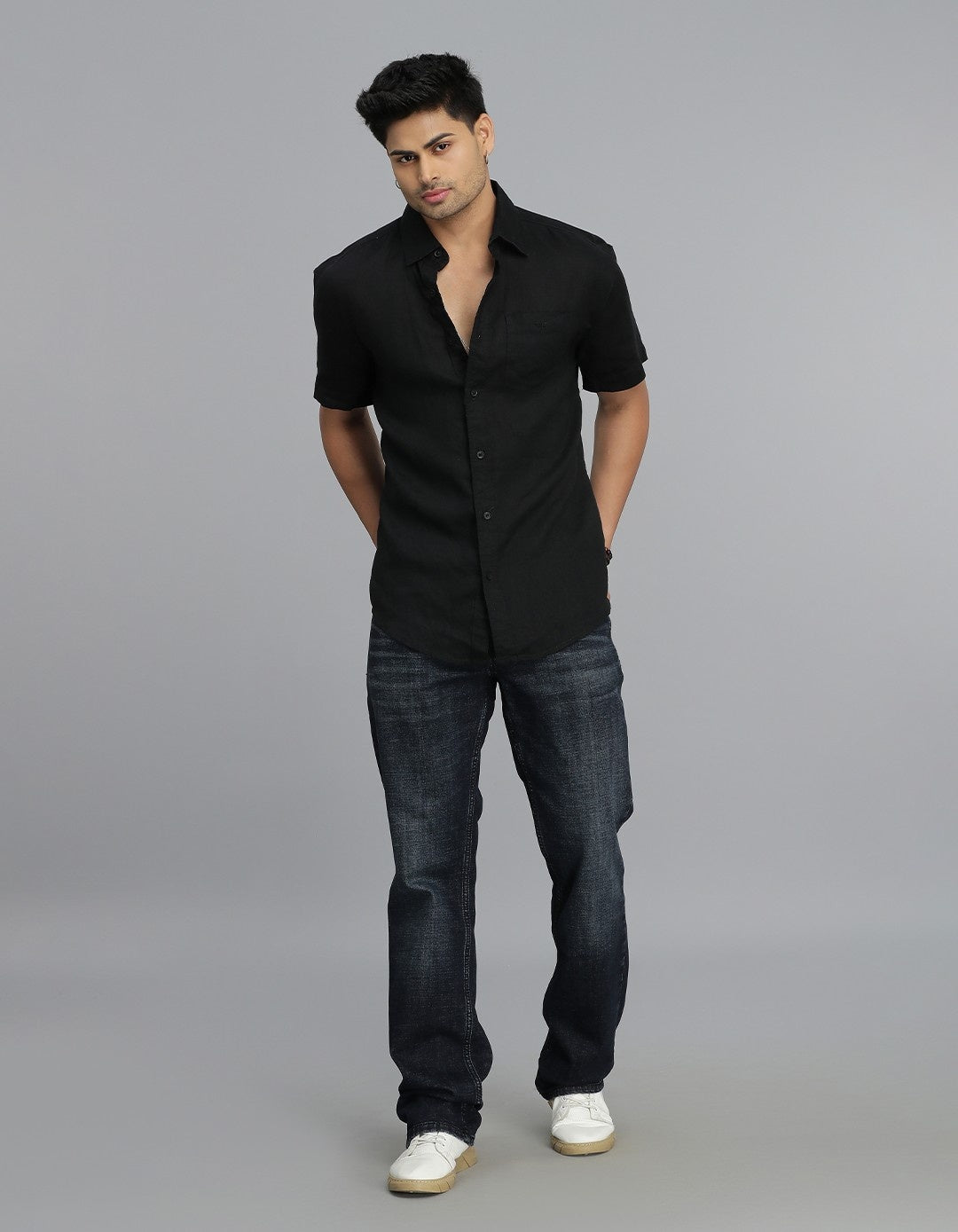 Black Half Sleeves Linen Shirt