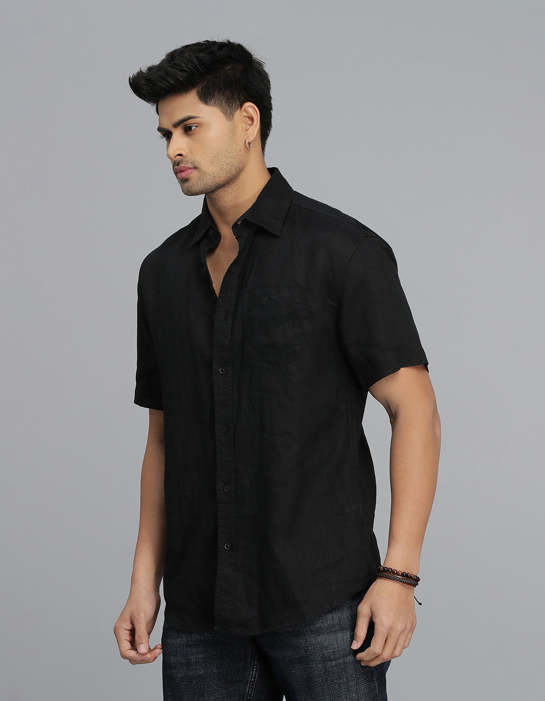 Black Half Sleeves Linen Shirt