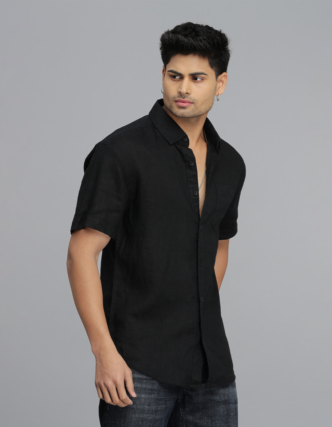 Black Half Sleeves Linen Shirt