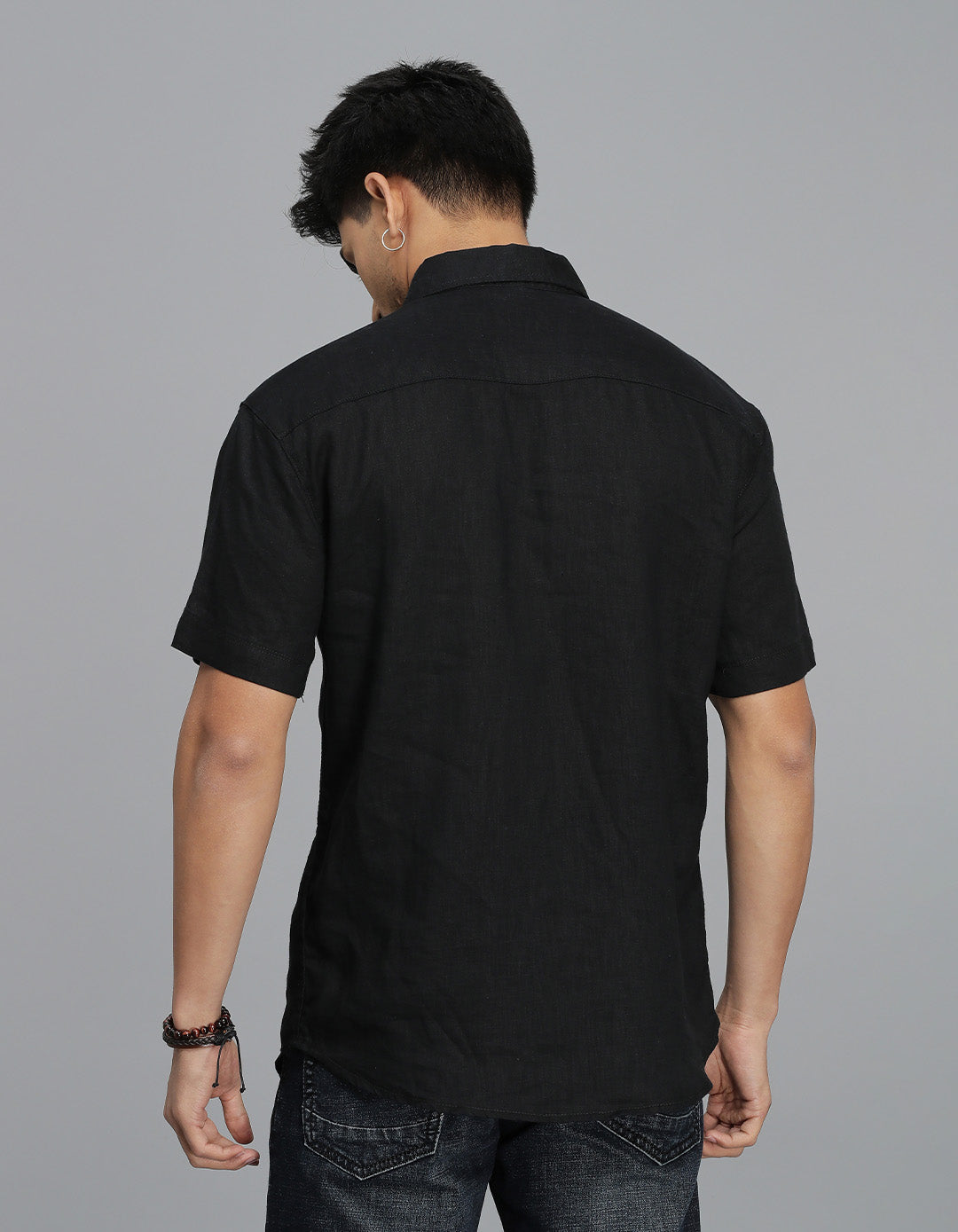 Black Half Sleeves Linen Shirt