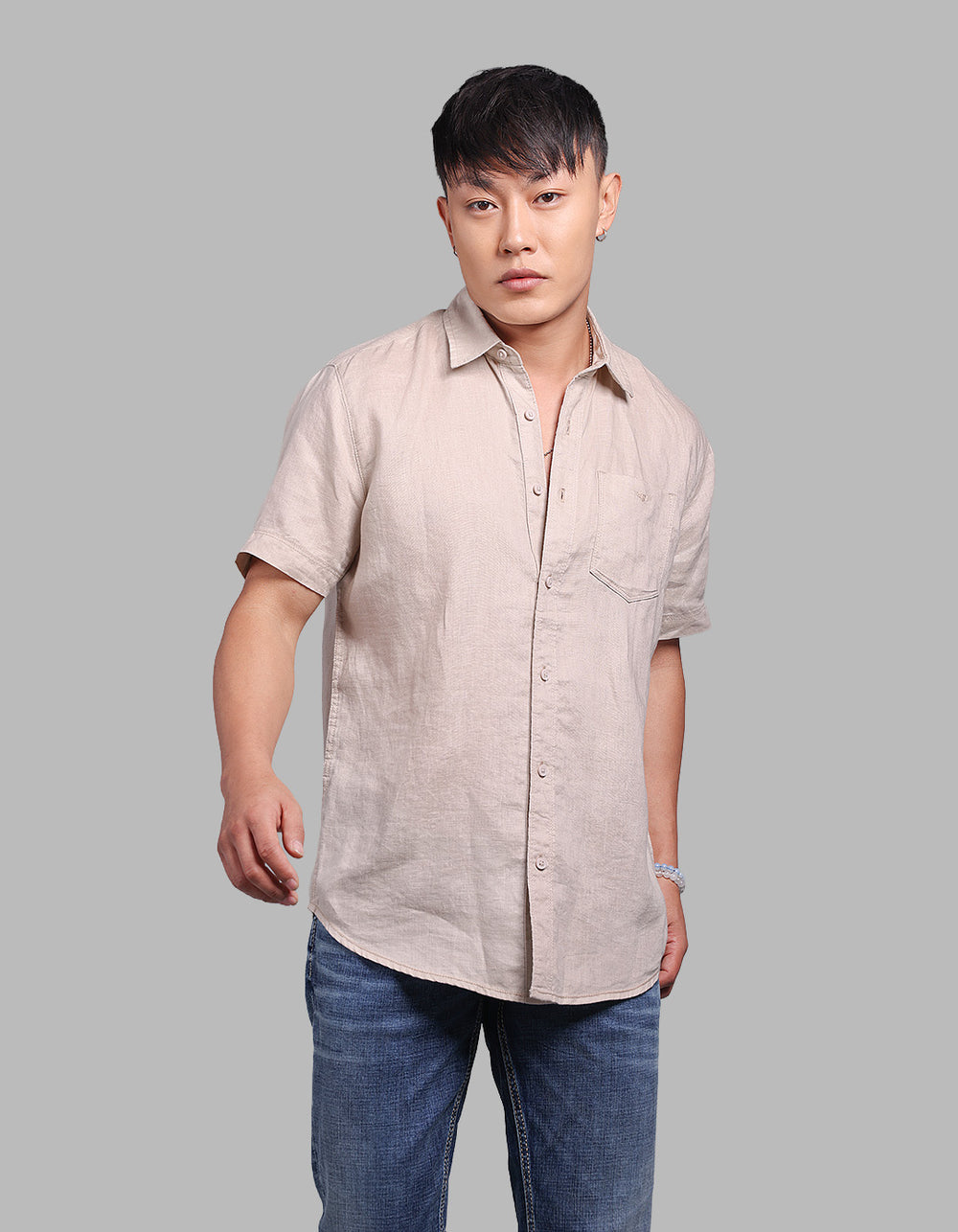 Khaki Half Sleeve 100% Linen Shirt