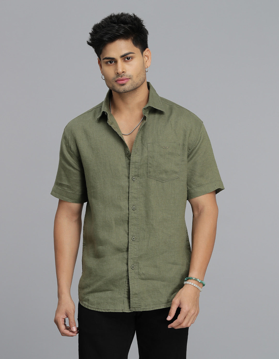 Olive Half Sleeves Linen Shirt