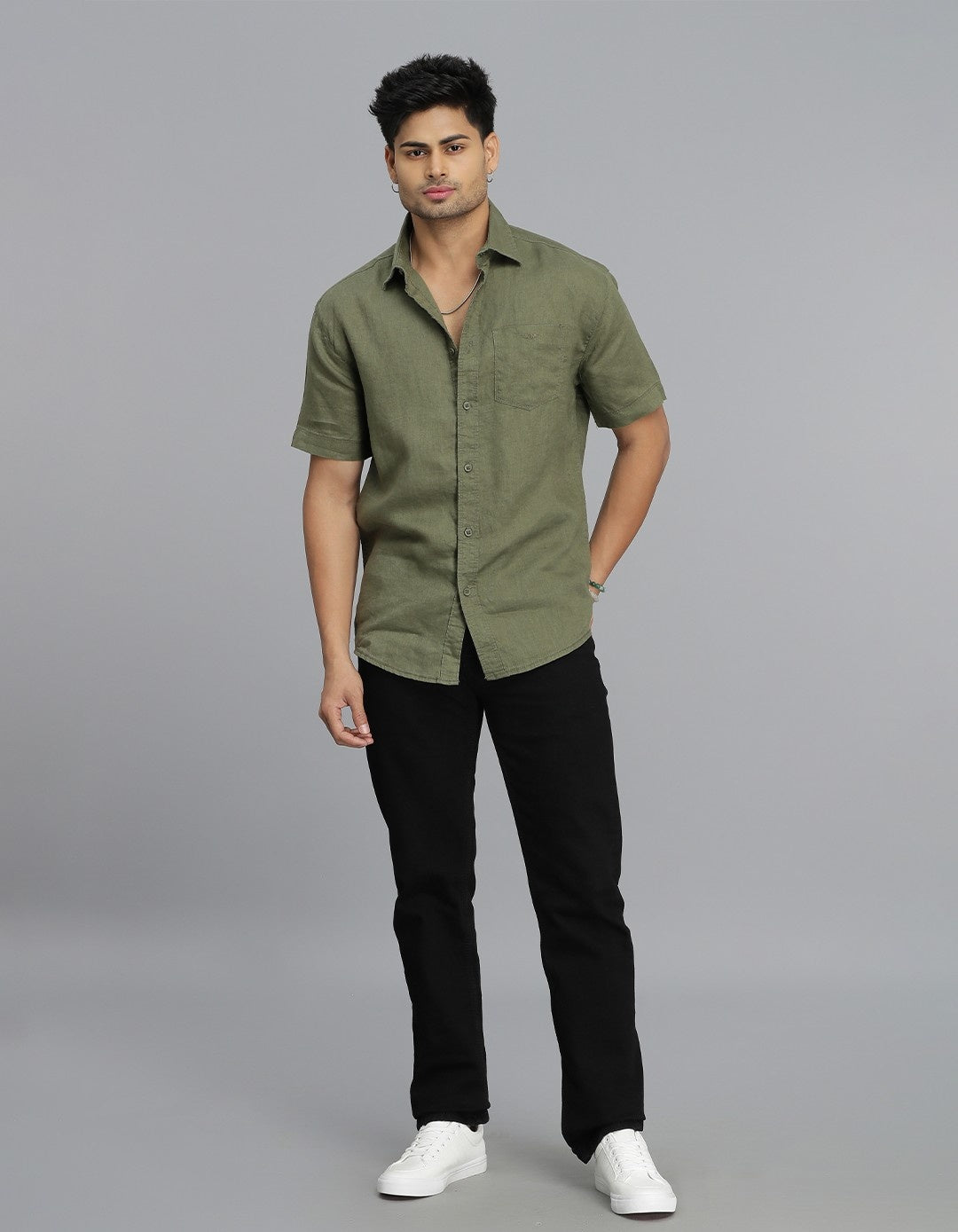 Olive Half Sleeves Linen Shirt