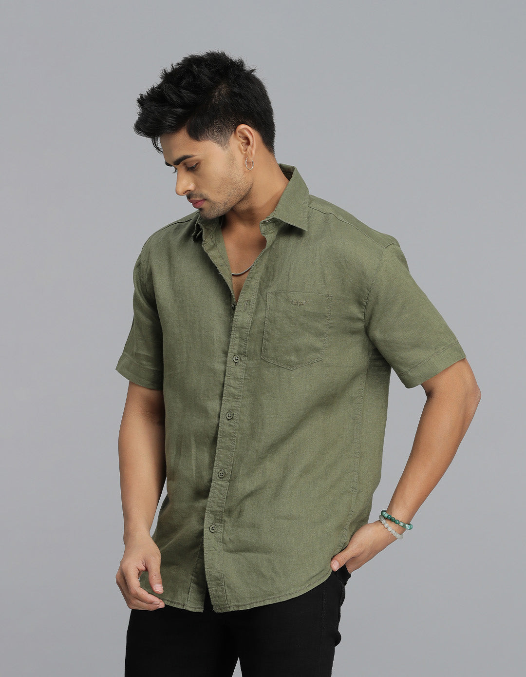 Olive Half Sleeves Linen Shirt