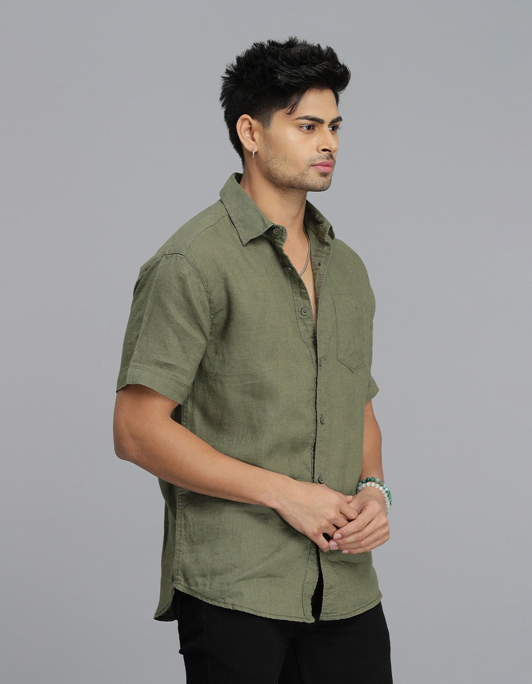 Olive Half Sleeves Linen Shirt