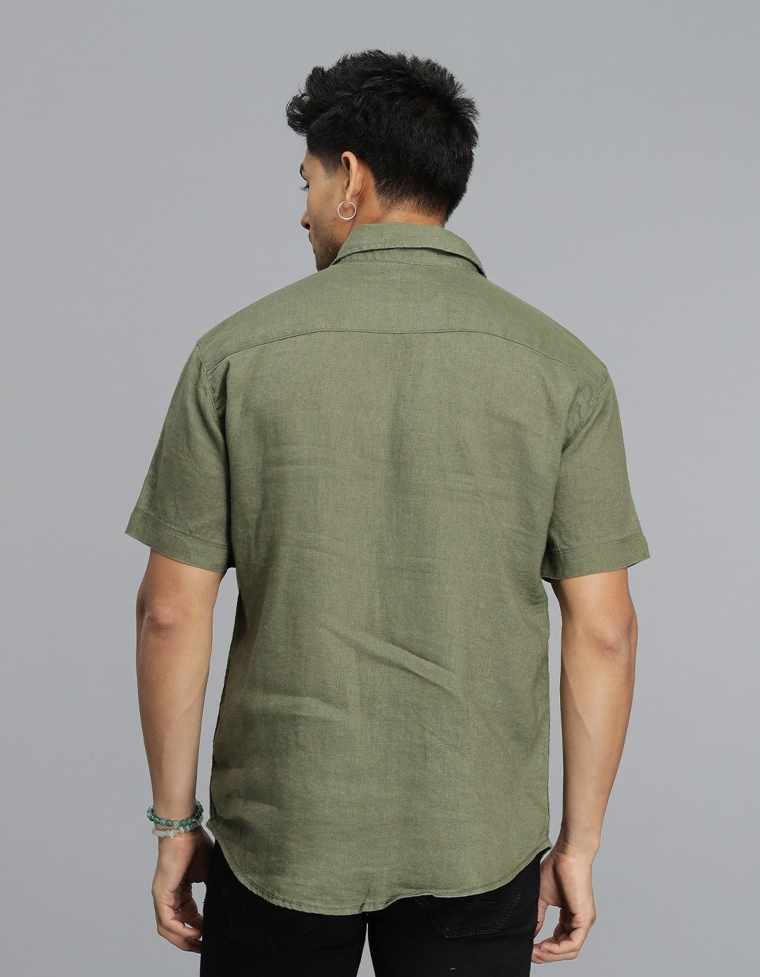 Olive Half Sleeves Linen Shirt