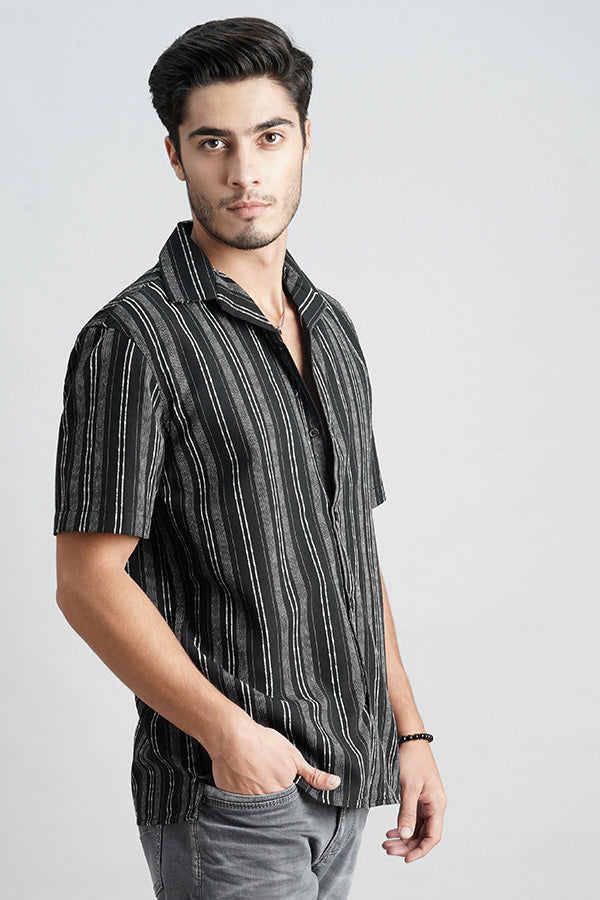 Black White Half Sleeve Stripe Shirt (Tony H/Slv Fit)