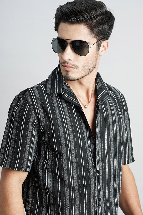 Black White Half Sleeve Stripe Shirt (Tony H/Slv Fit)