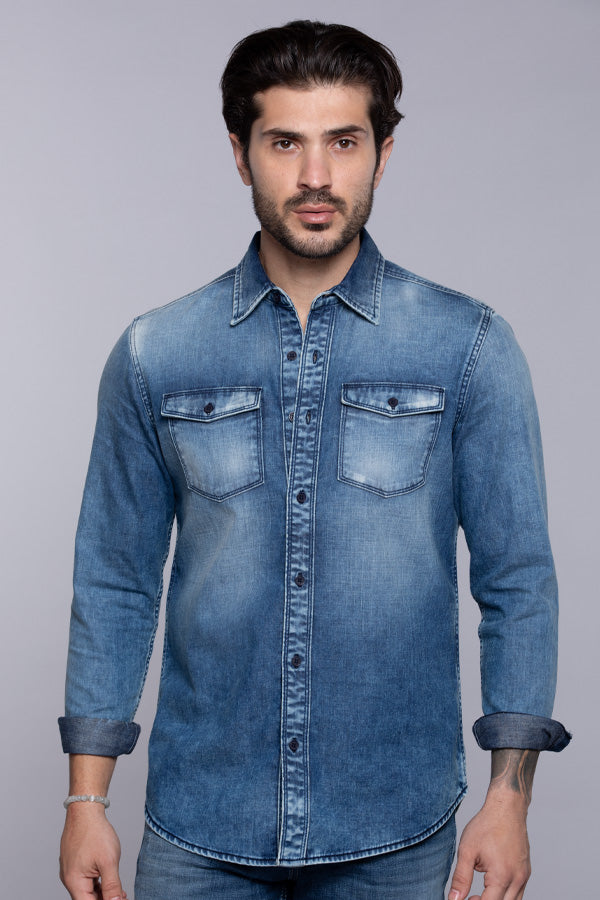 Med Blue Full Sleeves Denim Shirt
