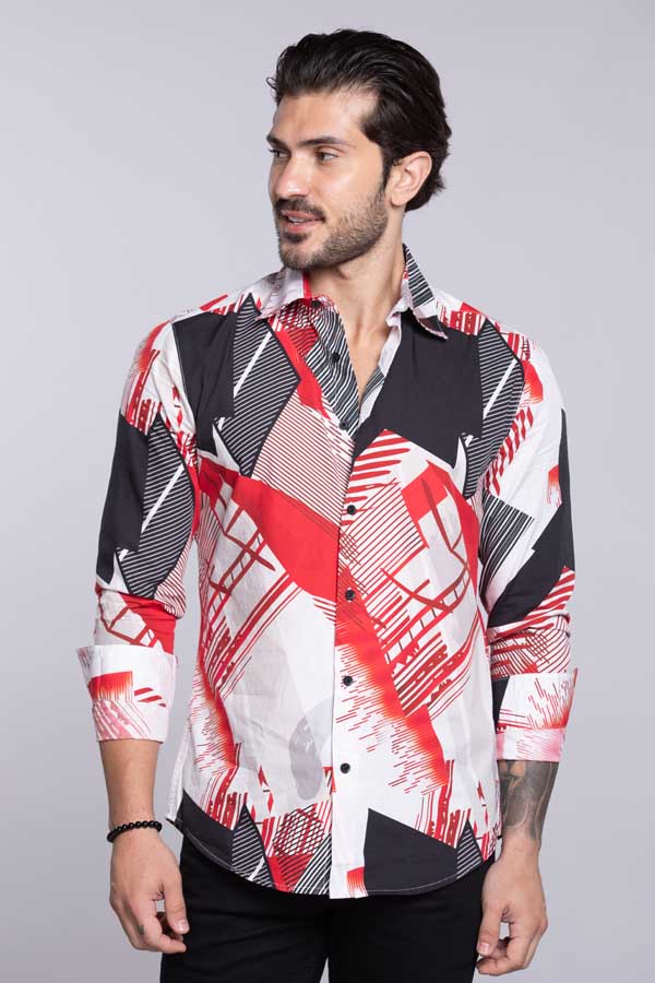 Red White Full Sleeves Printed Shirt