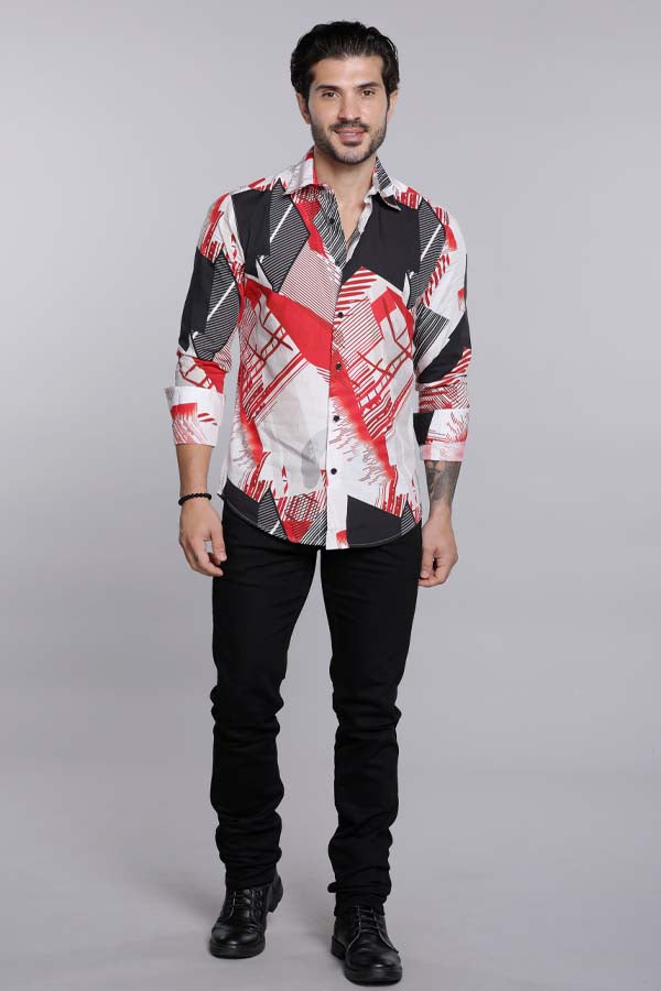 Red White Full Sleeves Printed Shirt